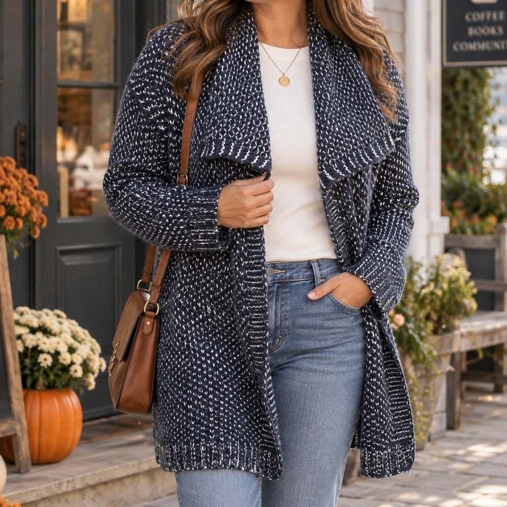 Roamans Navy Blue Marled Waffle Knit Open Front Draped Cardigan Size 14/16 M